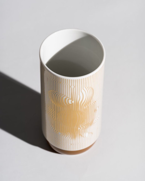 Image 1 of Rosenthal “Manipur” Gold Vase Victor Vasarely “Duo” Form Ambrogio Pozzi 18cm 70s