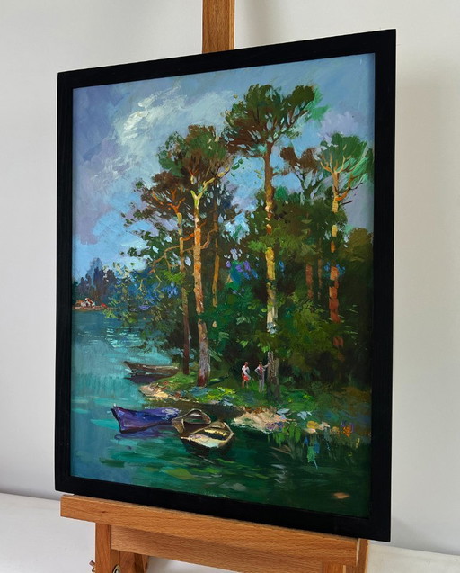 Original Oil Painting Summer Coastal Landscape Forest descending to the river banks
