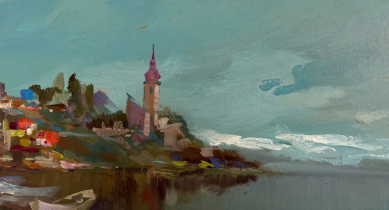 Image 1 of Origineel olieverfschilderij: Somber kustlandschap, stadsboot, veerboot