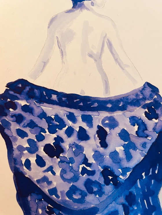 Image 1 of Monochrome Watercolor Indigo Blue Portrait of a Woman "Japan Denim"