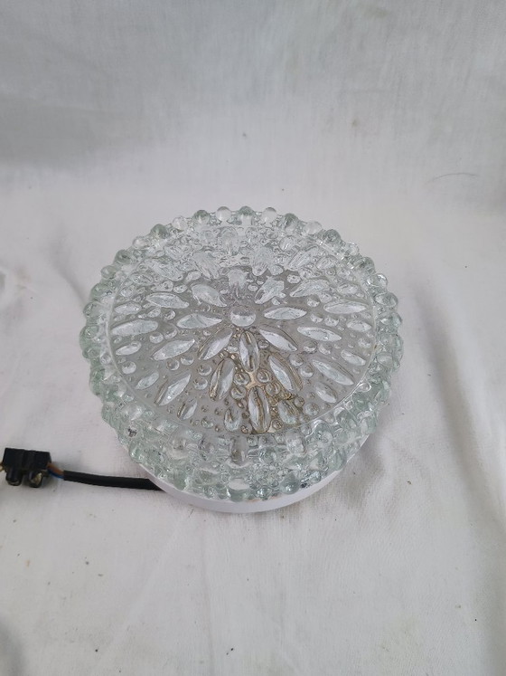 Image 1 of Vintage Glashütte Limburg 1960s Pressed Glass Ceiling Light - Textured Clear Glass Flush Mount Wall Sconce German Mid-Century