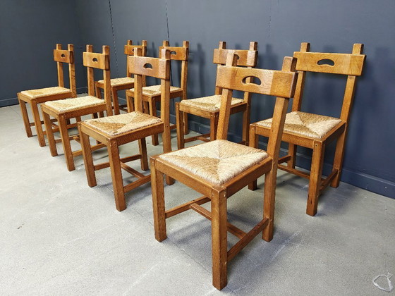 Image 1 of Vintage eiken en rieten brutalistische stoelen, jaren 60 - set van 8