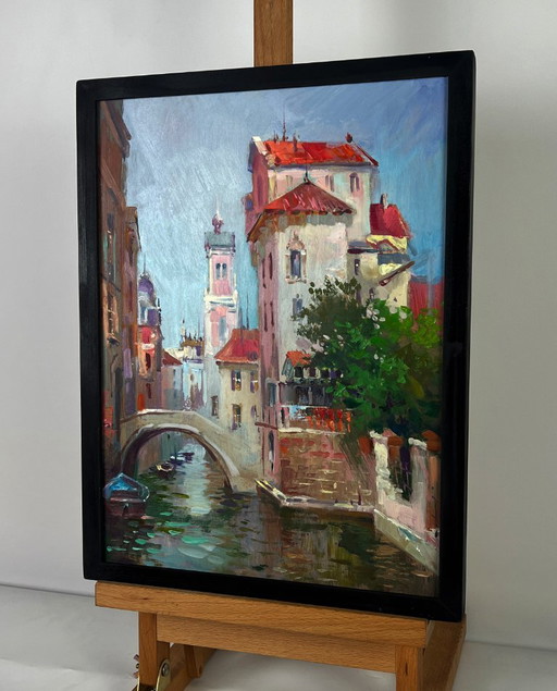 Original Oil Painting River Street Landscape City in the reflection of water