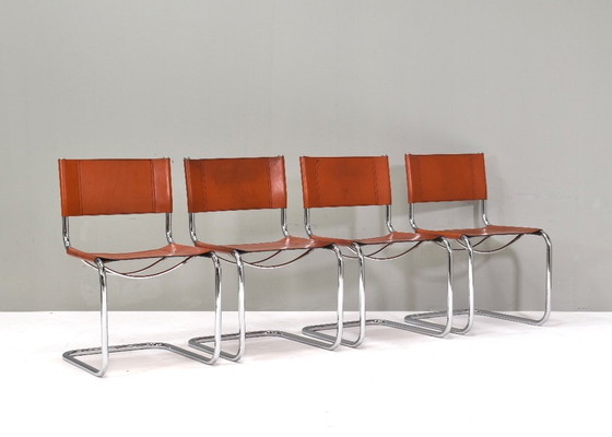 Image 1 of 4X Mart Stam S33 Chairs by FASEM in Chrome and Saddle Leather, Italy – 1970’s