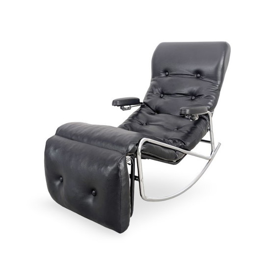 Image 1 of Sillón mecedora de diseño original Lama, de cuero negro, estilo Bauhaus.