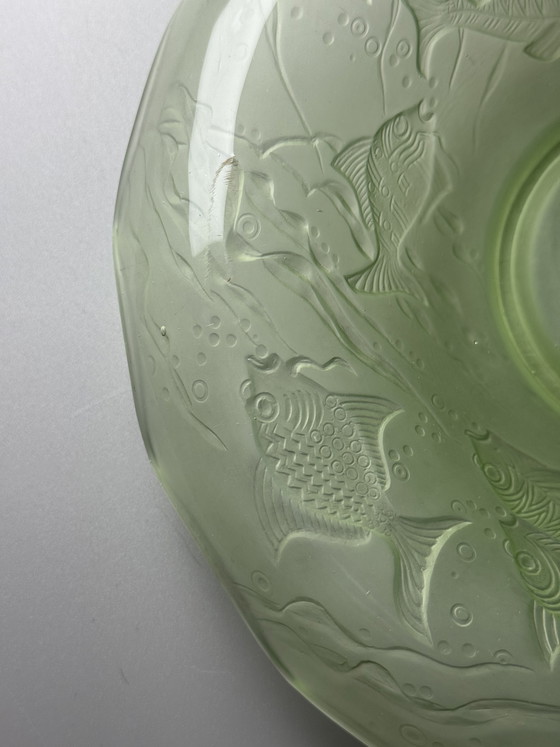 Image 1 of August Walther & Söhne “Arabella” Uranium Glass Centerpiece Bowl – Art Deco Fish Decor – 1930s Germany