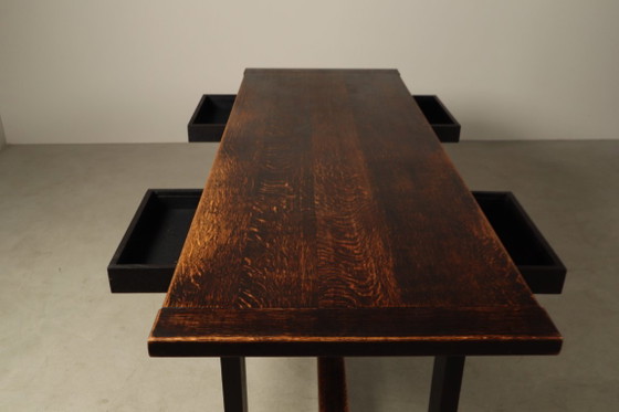 Table de salle à manger en chêne teinté foncé de Jean Batenburg pour MI, Belgique, vers 1969 (photo 3 of 15)