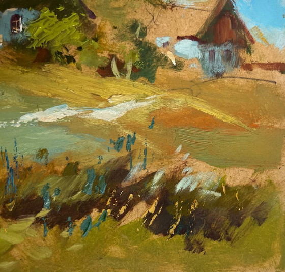 Image 1 of Dipinto ad olio originale: Paesaggio estivo di un villaggio. Veduta del villaggio e della chiesa.
