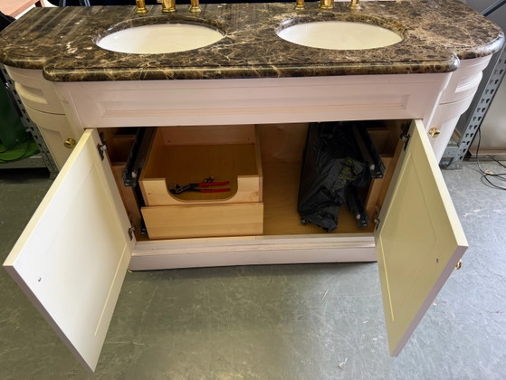 Classic Double Marble Top Bathroom Vanity & Gold Hardware – Storage cabinet (photo 10 of 12)