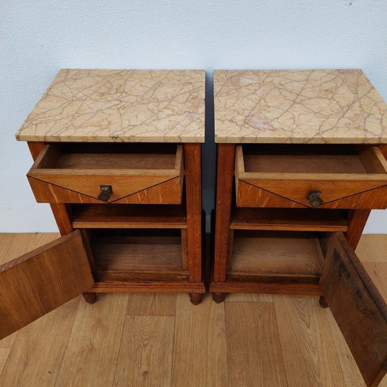 Image 1 of Set Vintage Art Deco nachtkastjes, bijzetkastjes marmer blad