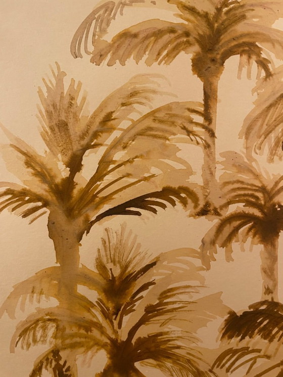 Image 1 of Dipinto ad acquerello firmato raffigurante un paesaggio di un'oasi orientale al calar della notte.