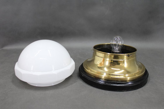 Image 1 of Secessie messing en glazen tafellamp uit 1920, Tsjecho-Slowakije