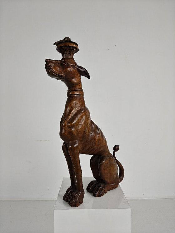 Image 1 of Hand-Carved Wooden Greyhound Statue – 20th Century