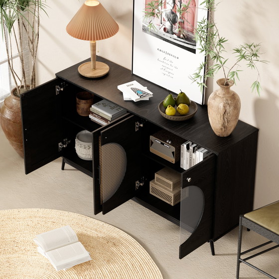 Image 1 of Credenza nera Urban Meuble con ante in vetro in rattan, anta semicircolare 160*40*80cm VELZU