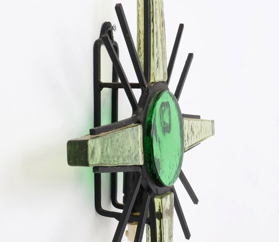 Image 1 of Vintage metal sunburst wall lamp with green glass, 1960s