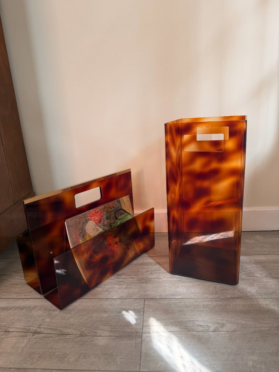 Image 1 of Michel Dumas Set – Magazine Rack & Umbrella Stand, Tortoiseshell Pattern (1970)