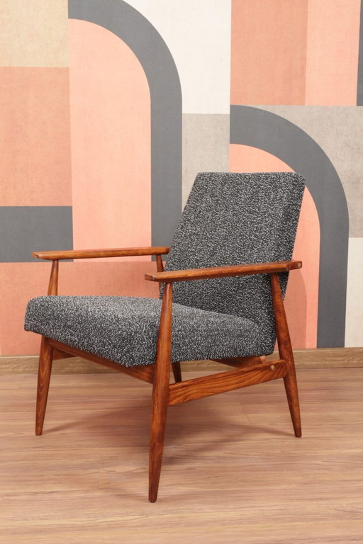 Fauteuil scandinave vintage noir bouclé, design milieu de siècle, 1960