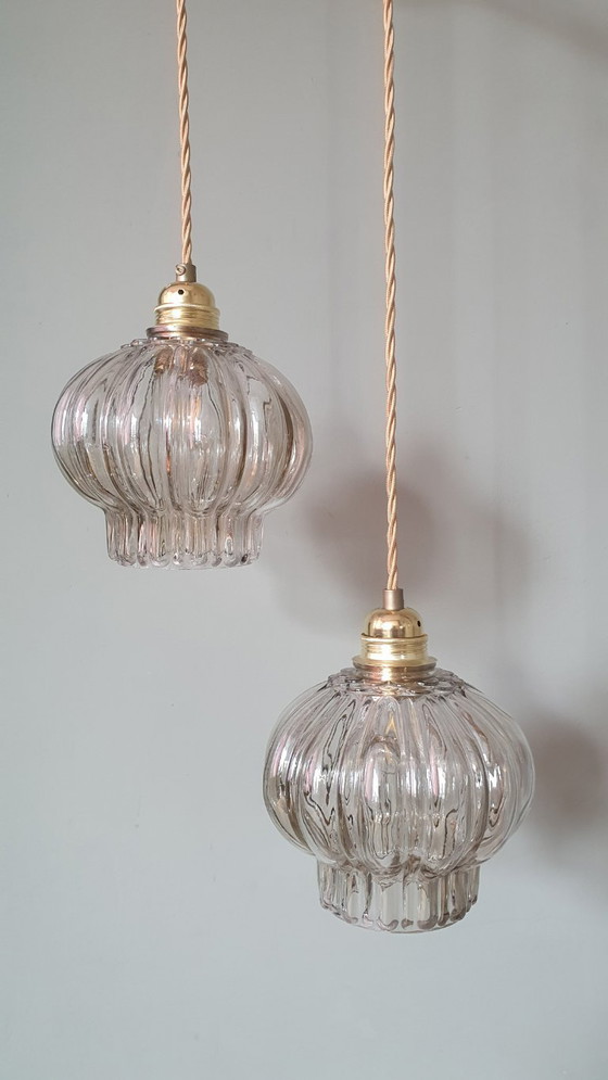 Image 1 of Set of two vintage floral pendant lamps in lantern shape. Mid Century