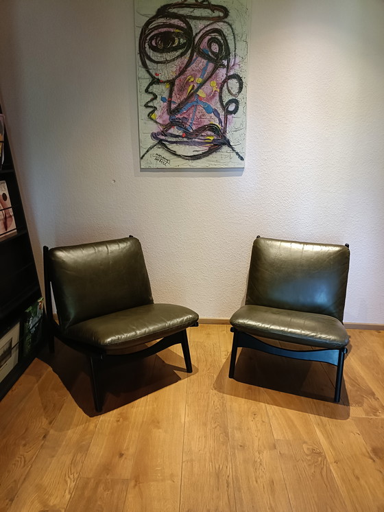 Image 1 of 2x lederen Fauteuils - Olijfgroen - Artwood 