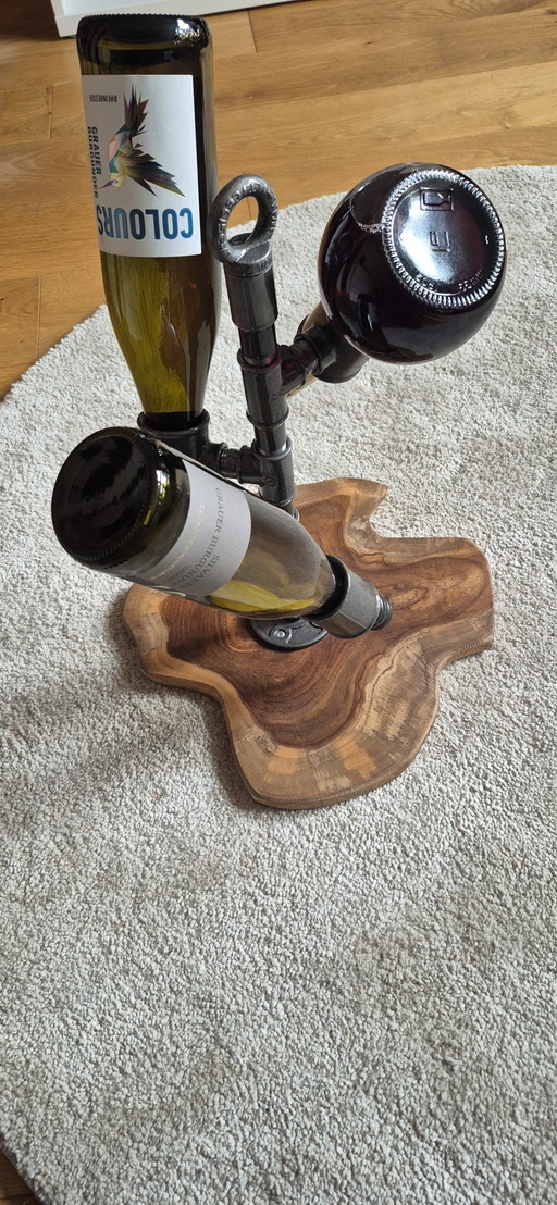 Portabottiglie - Design industriale - Ghisa malleabile su base in legno di teak – wijnrek, Metal, Wood (photo 2 of 5)