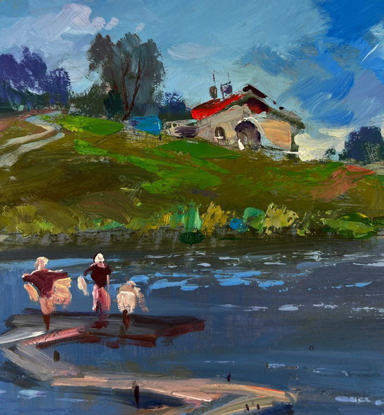 Image 1 of Original Oil Painting Summer Coastal Landscape People looking at the flow of river