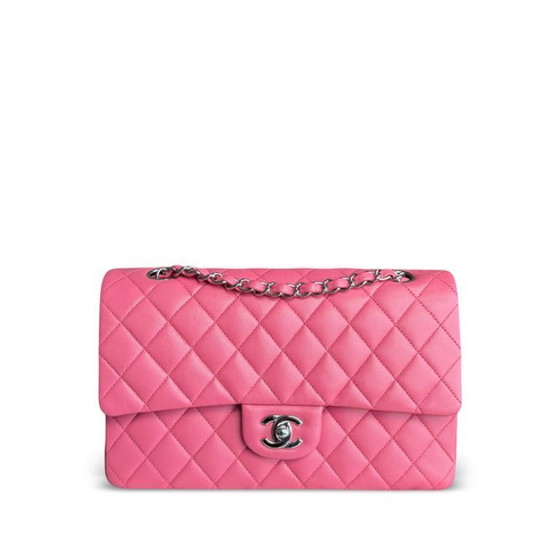 Image 1 of Borsa Chanel Classic Flap Medium - 25 cm in pelle di agnello trapuntata rosa chiaro con finiture argentate, serie 16