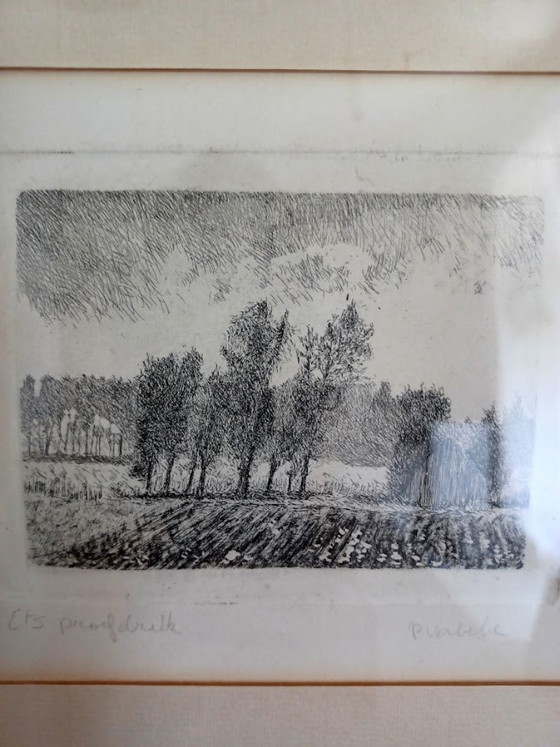 Image 1 of  P. Verbeke duo‑ets Vlaams landschap – authentieke academische grafiek – minimalistische kunst – jaren ’60–’80