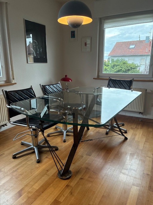 Table de salle à manger design en verre avec structure en acier – eettafels, Glass, Metal