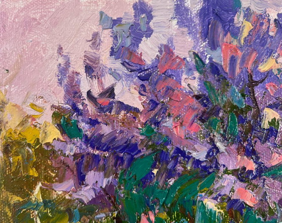 Image 1 of Original Oil Painting Summer Flowers Landscape On a walk near the lilacs