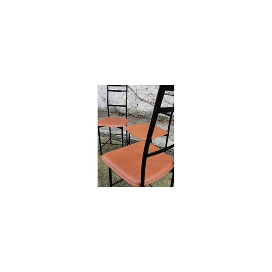 Image 1 of Set of 6 vintage aluminum and brown leather dining chairs by Ycami, 1980