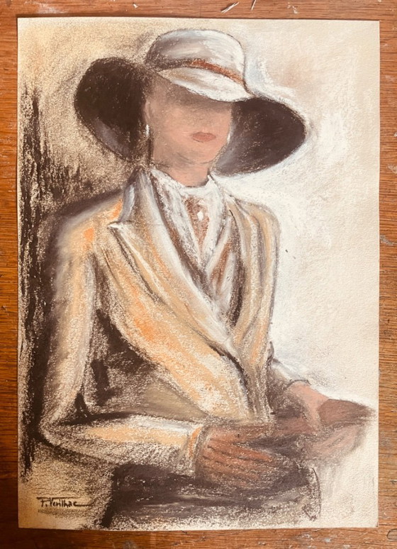 Image 1 of Gesigneerd pastel schilderij, vrouwenportret "elegantie"