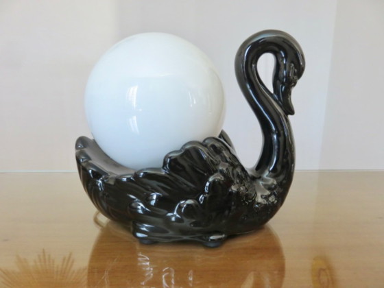 Image 1 of Black swan lamp in ceramic and opaline, black swan lamp, 1970