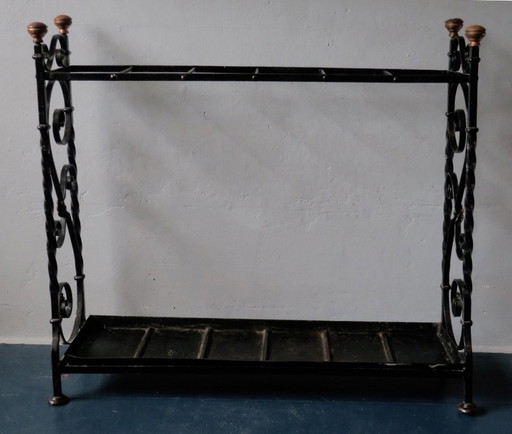 Porte-parapluie antique en fer forgé et laiton, années 1890