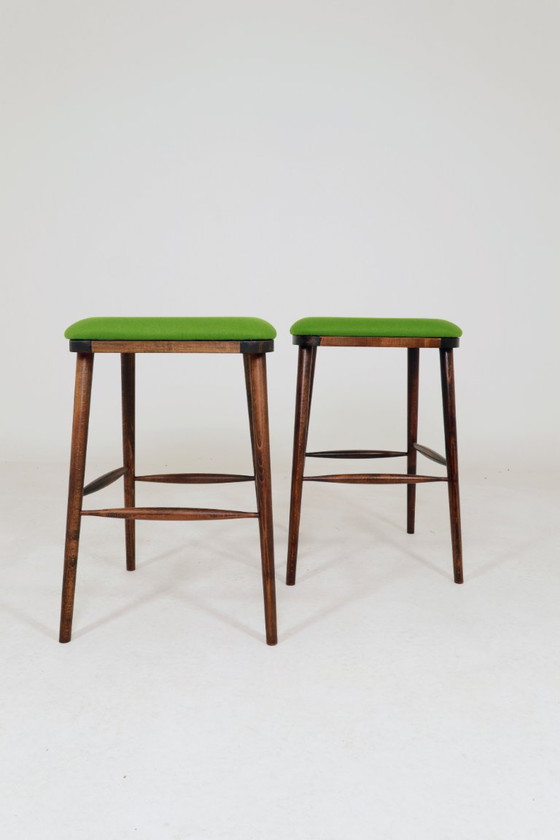 Image 1 of Beech Wood Bar Stools – Green Recycled Wool Upholstery, Rustic Mid-Century Style