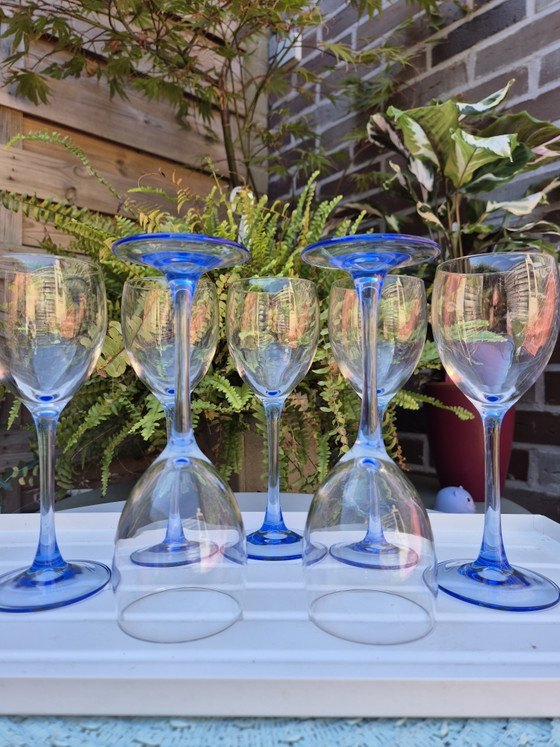 Vintage Luminarc Azur Wine Glasses, Set of 7 – Original Box – Made in France (blue stem) – Glass & Decanter (photo 5 of 12)