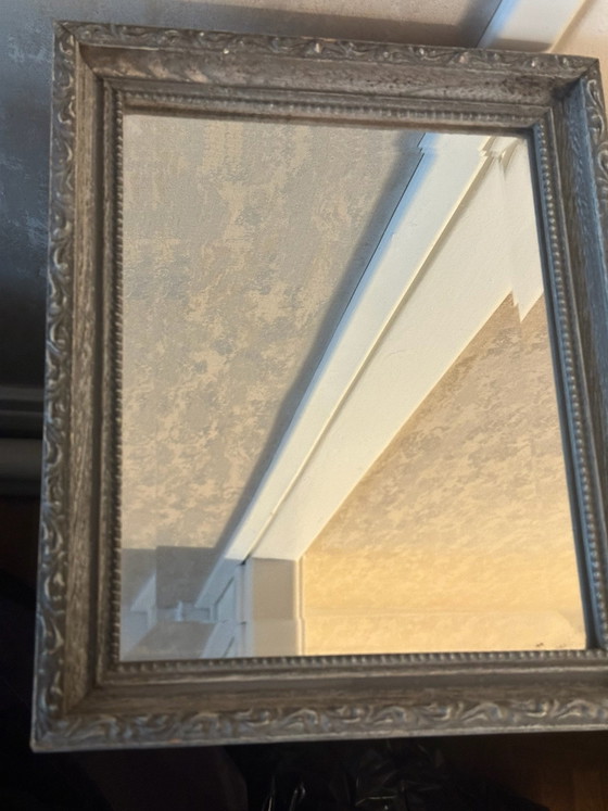 Antique Beveled Mirror, Anthracite Molded Wood Frame H 30/W25 cm, Glass, Grey, Vintage (photo 8 of 12)