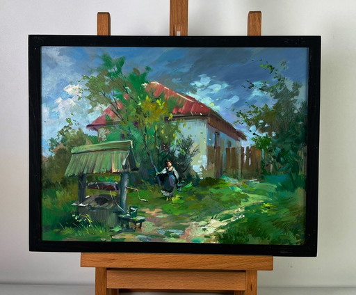 Peinture à l'huile originale, paysage rural, puits de village d'été