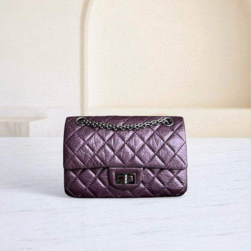 Chanel 2.55 Reissue Mini - 20 cm in pelle di vitello trapuntata viola con finiture argentate Serie 16