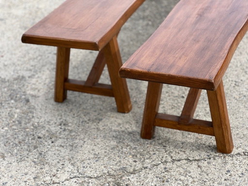Pair of vintage solid wood benches from the 1960s
