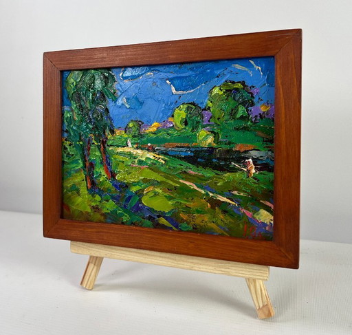 Original Oil Painting Summer Field Landscape Sky through green branches