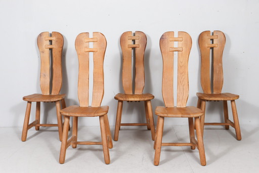 Set of 5 / Brutalist chairs / Dining chairs by De Puydt, oak, Belgium, 1970s