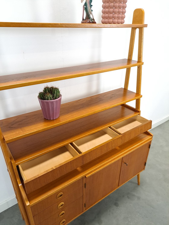 Image 1 of Teak Veneer Cabinet From Sweden With Drawers, Shelf And Extendable Shelf