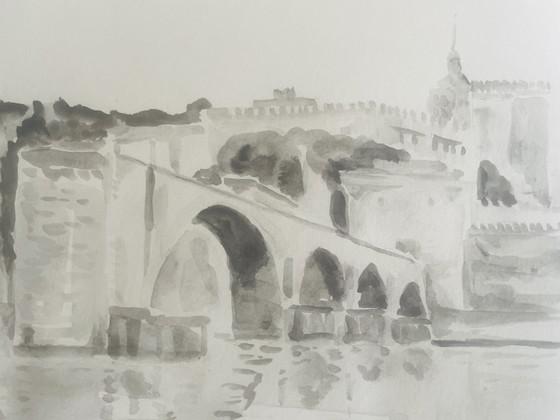 Image 1 of Signiertes Aquarell monochrom sepia Pont d'Avignon