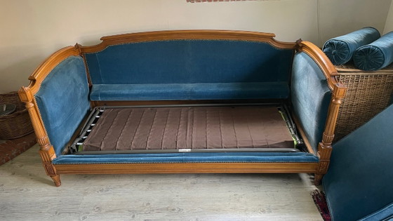 Vintage Jean Roche bank van hout en fluweel – ROCHE BOIS FRANCE, 3-5 zitsbanken, Velvet (photo 9 of 23)