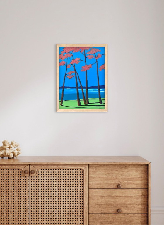 Abstract painting by Frédéric Cadiou, pink trees and blue sky, Paintings & Drawings, Other, Paper (photo 2 of 5)