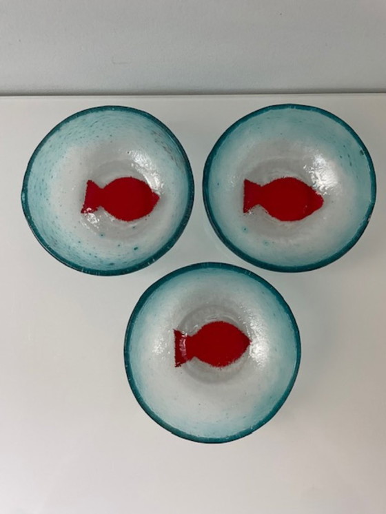 Image 1 of Set aus 3 handgefertigten Glasschalen mit Fischmotiv