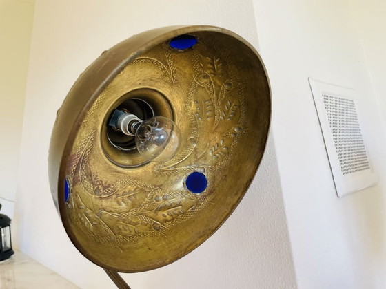 Image 1 of Art Deco Vintage Ornate Brass Table Lamp with Blue Glass Inserts, 1930s