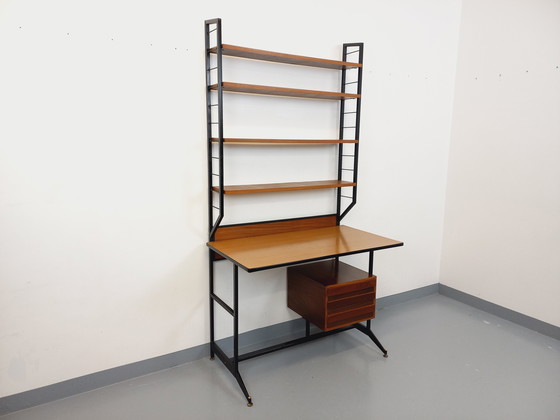 Image 1 of Italian modernist desk with built-in modular string bookcase in teak, metal and melamine from the 60s
