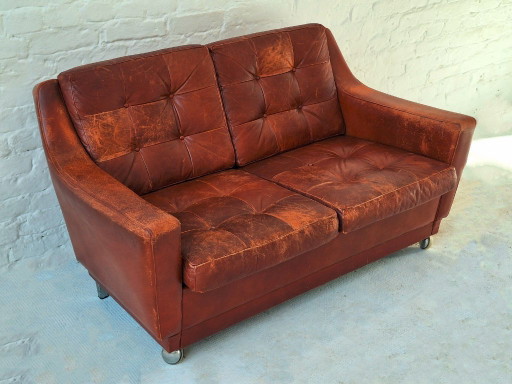 Canapé Mid Century Patchwork Capitonnage Cuir Patiné, Années 1960