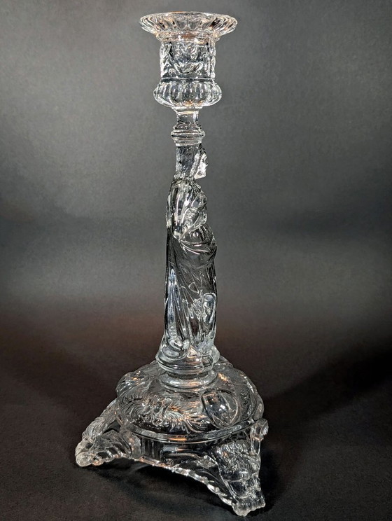 Image 1 of Antique "Sacred Heart" Crystal Candlestick (1900-1930) UV Reactive (Val Saint Lambert/Portieux)